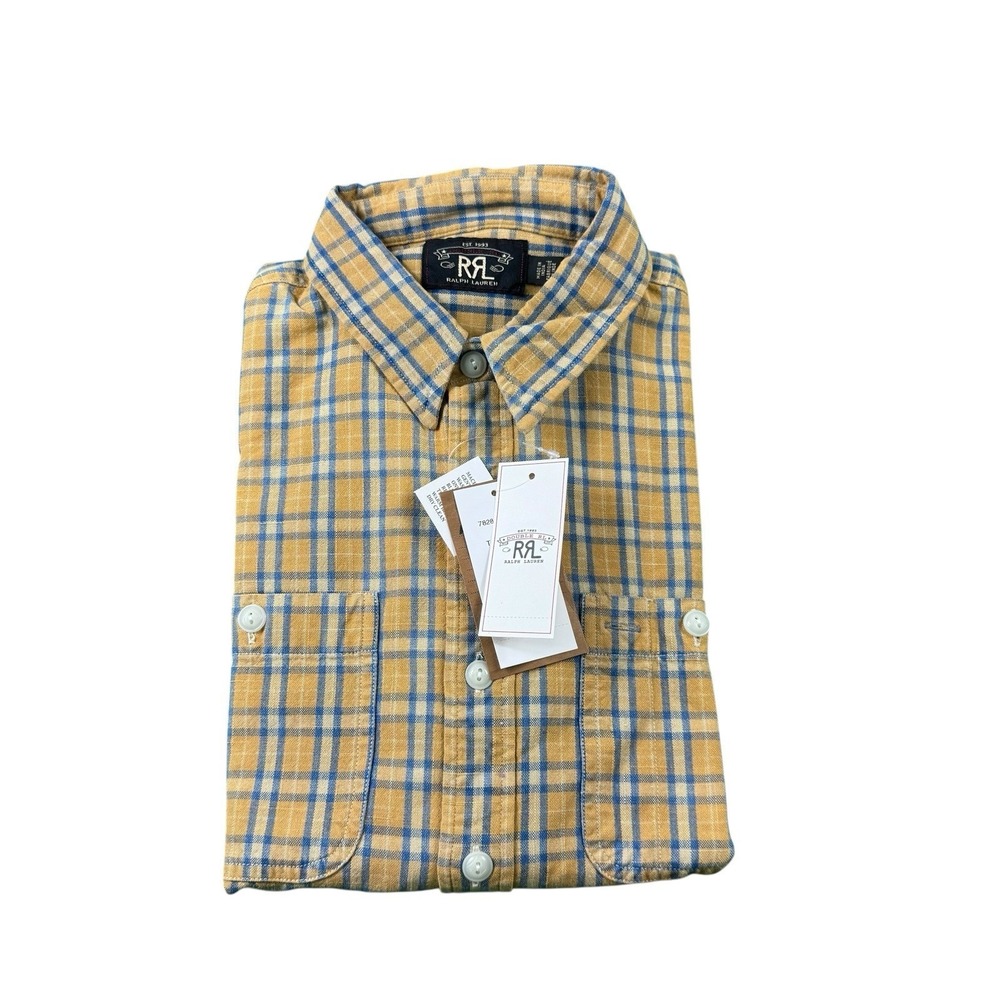 RRL Ralph Lauren Golden Blue Check Utility Dual Pocket Button Front Shirt M NWT